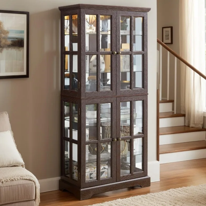 

Шкаф, шкаф Curio высотой 69 дюймов с регулируемыми полками и 4 стеклянными дверями, лампочка в комплекте, элегантная антикварная выставка