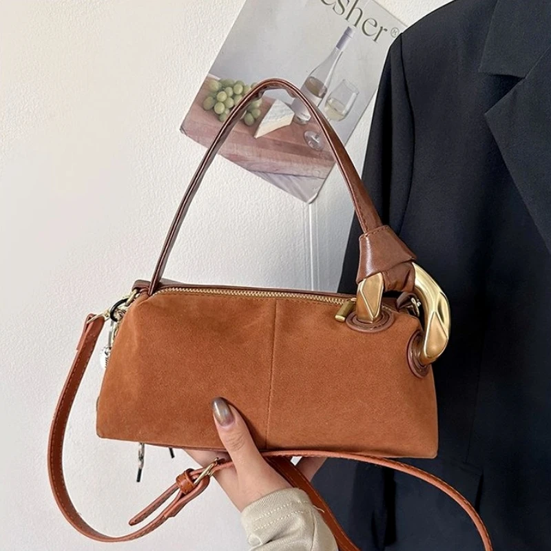 2026 Faux Suede Shoulder Bag Solid Color Retro Crossbody Purse Light Luxury Commute Tote for Women High Quality Versatile