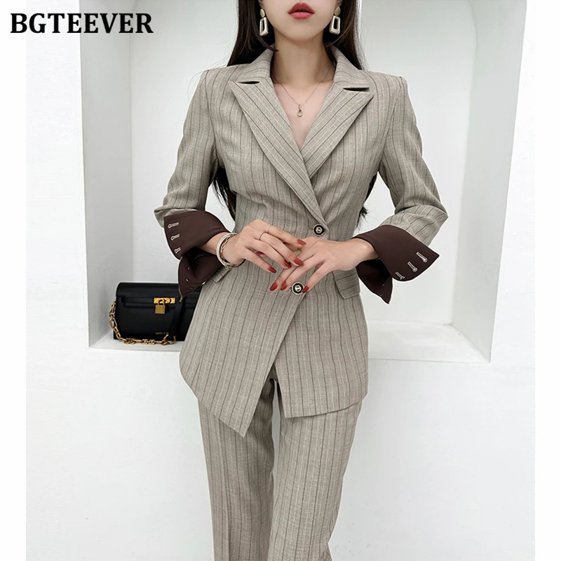 BGTEEVER Autumn Striped Pant Suits for Women Long Sleeve Irregular Blazer Jackets Female Suits Trousers Set