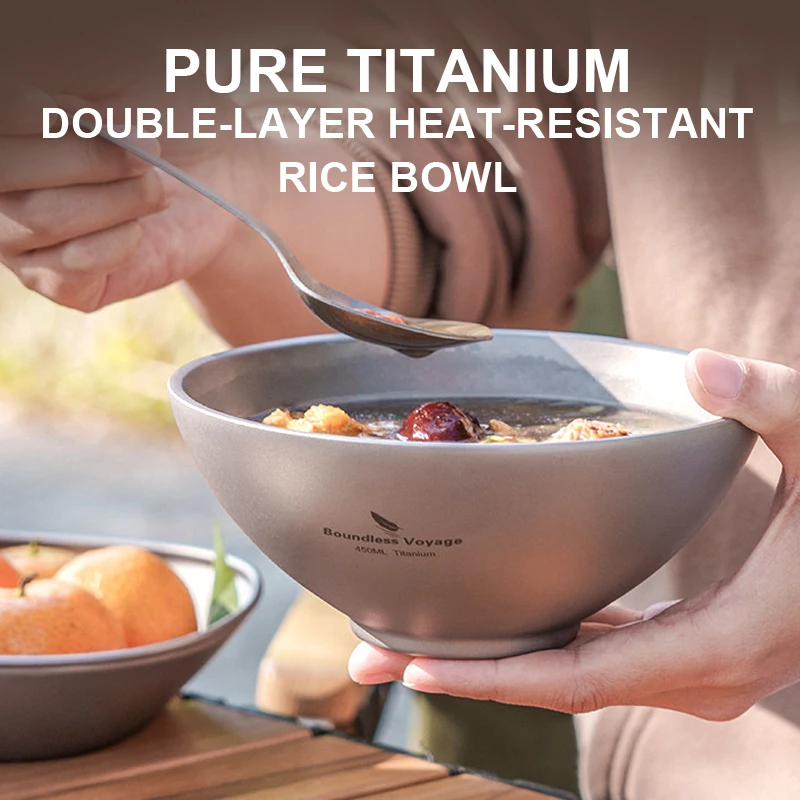 Pure Titanium Double-Layer Heat-Resistant Rice Bowl,Ultra Light Portable Health,、Outdoor Camping Picnicking Tableware,A1409