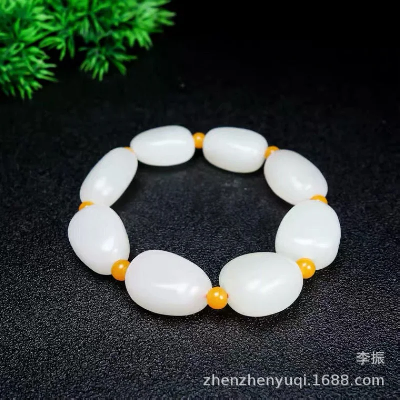 Xinjiang Hetian Natural Men and Women Bulge White Jade Lucky Beads Bracelet