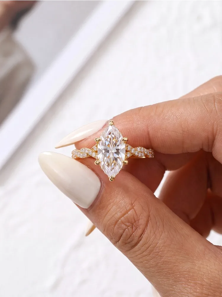 925 Sterling Silber Modischer Echter 2CT Marquise Moissanit Diamant Ehering Verlobungsringe für Frauen Geschenk Edle Schmuckstücke – Detail 2