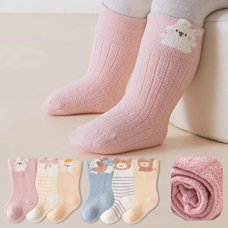 3 Pairs Baby Toddler Socks Cute Cartoon Thick Warm Newborn Socks Coral Fleece Winter Fuzzy Mid Calf Socks for Baby Boys Girls