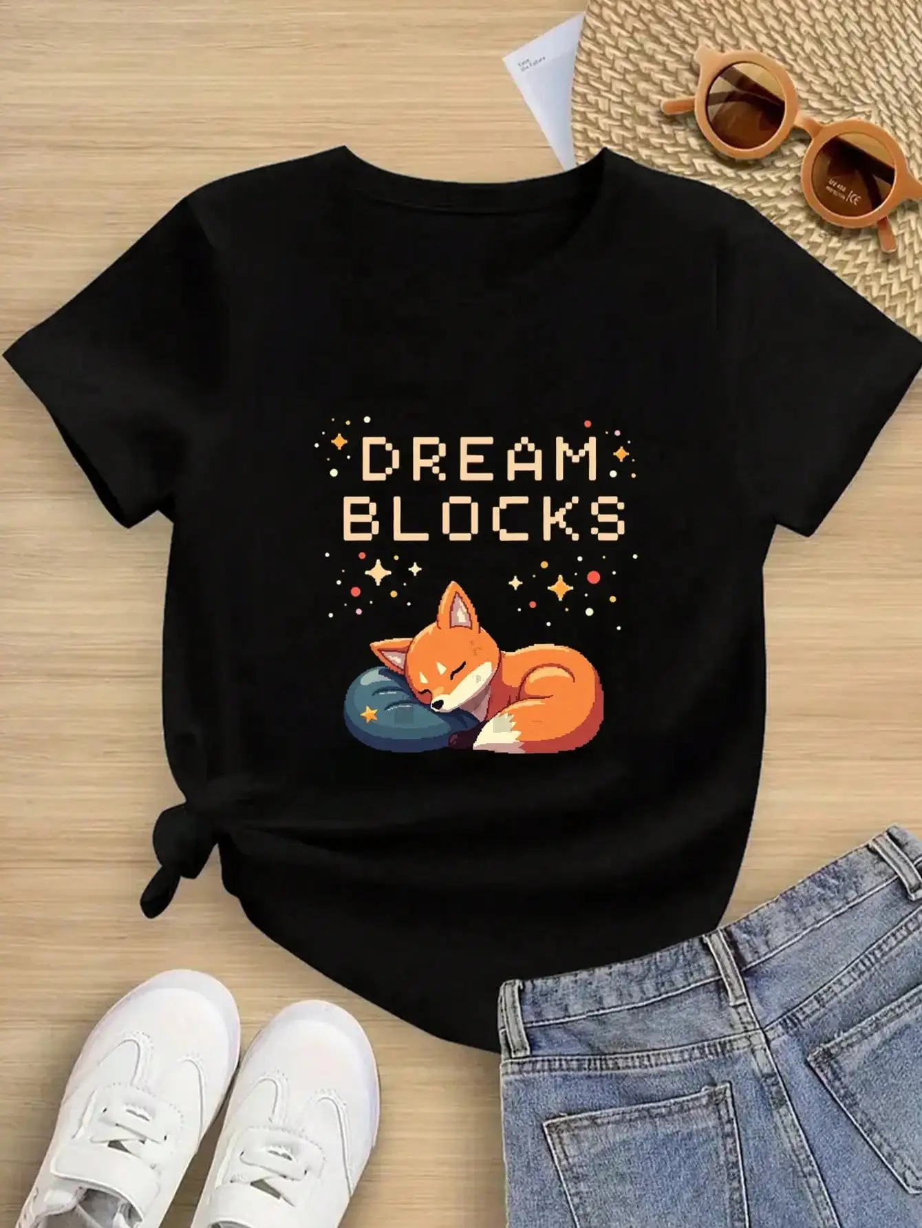 

Tween Girls/Boys Clothes, Pixel Art Theme Cotton T-Shirt, Black Casual Tee With Sleeping Fox And Star Graphics