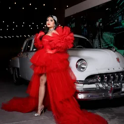 Red High Low Tulle Dresses Off The Shoulder Puffy Sleeves Tiered Party Dress For Photo Shoots