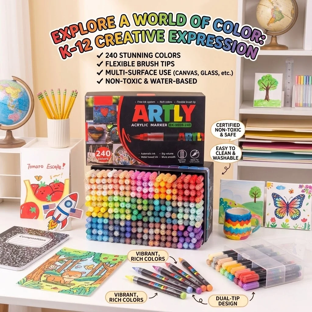 

12-240 Vibrant Colors Soft Tip Acrylic Paint Markers Set Waterproof Paint Pens for Rock Wood Fabric Glass DIY Art Crafts Artists