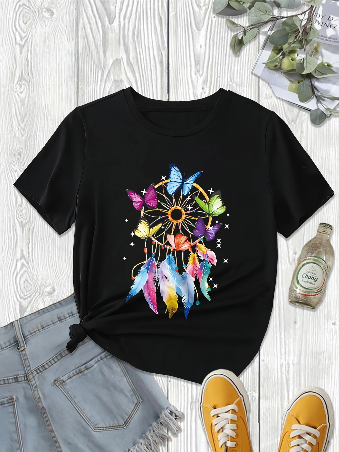 เสื้อยืดลำลองพิมพ์ลายผีเสื้อ ผ้าโพลีเอสเตอร์ผสมคอกลมแขนสั้นสำหรับผู้หญิง ทรงพอดีตัวทุกฤดูกาล ผ้าถัก