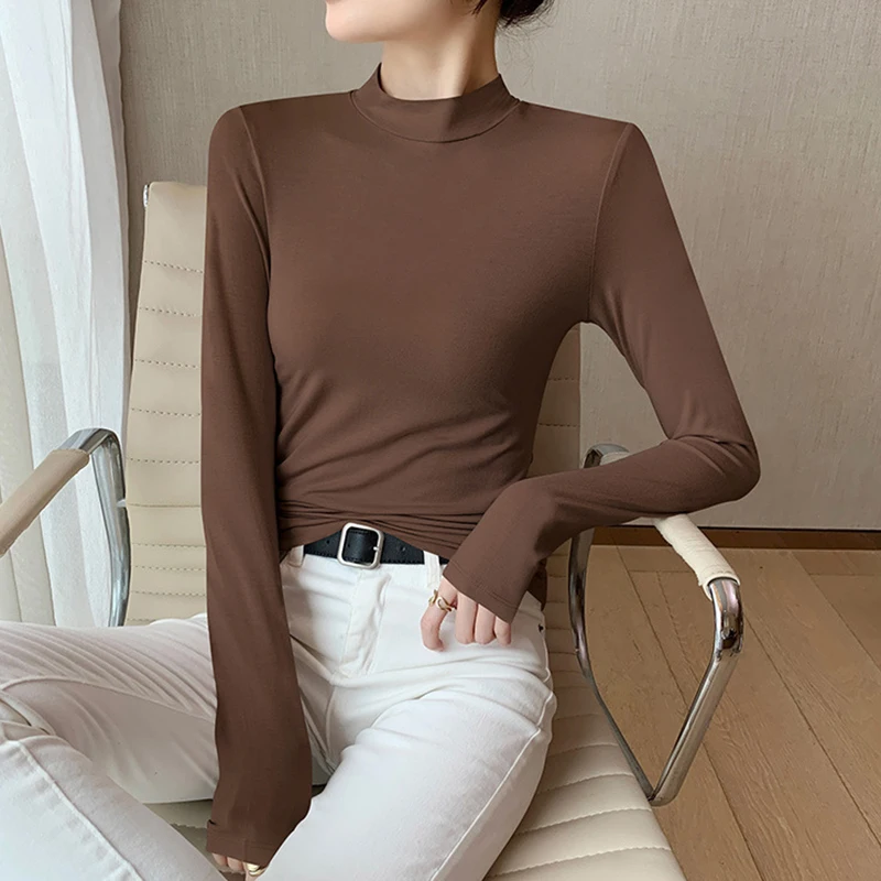 Einfarbig Halb Hohen Kragen Stricken Pullover Frauen Herbst Winter Bodenbildung Langarm T-shirt Frau Alle Spiel Grundlegende Jumper Mujer