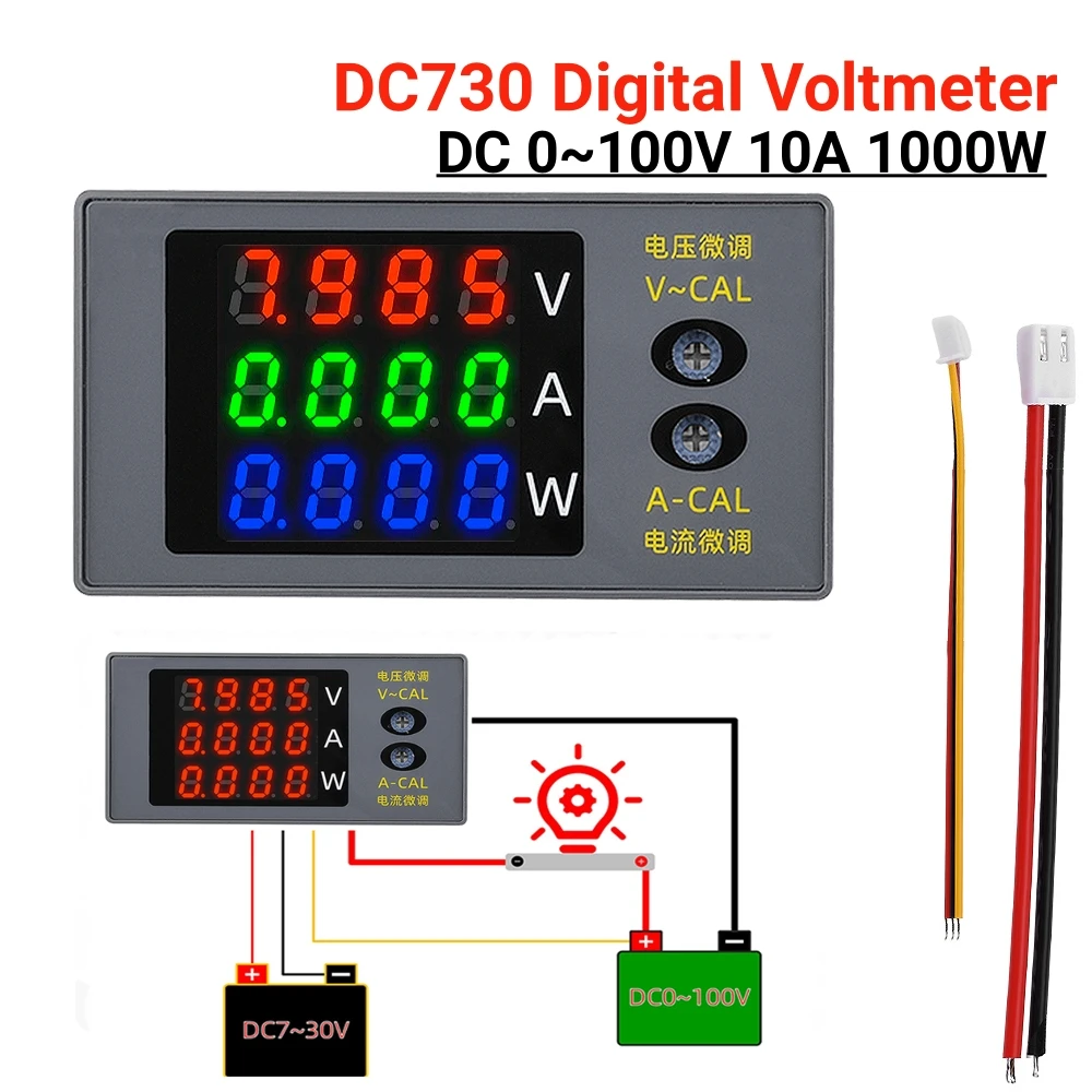 DC 0-100V 10A 1000W Voltage Current Power Meter Detector Tester 4Bit LED Digital Voltmeter Ammeter Wattmeter DC730