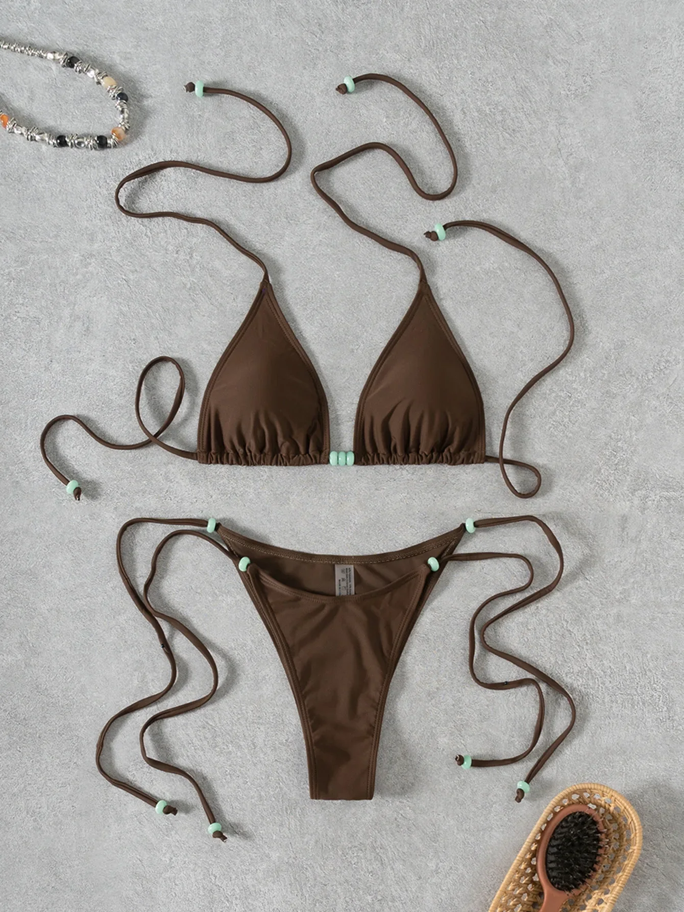

Sexy Coffee Bikini Set Women Pearls Strap Push Up Bandage Thong Swimsuit 2025 Brazilian Summer Bathing Suit Micro Swimwear