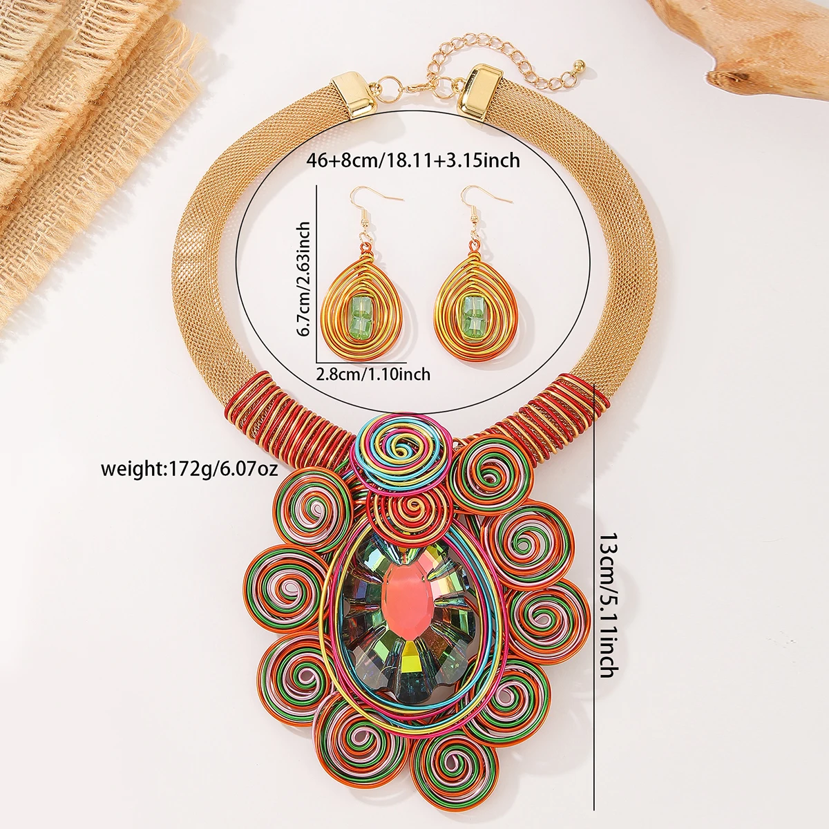 Women's Handmade Woven Crystal Necklace Earrings Set, Party