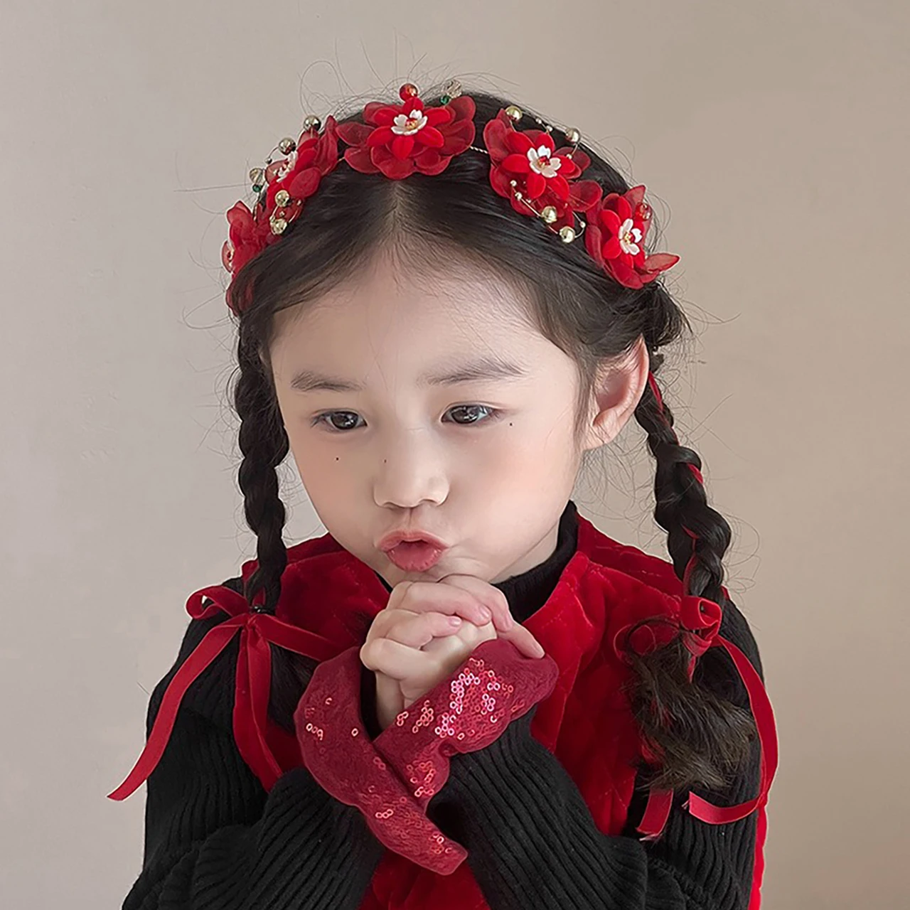 Girl Red New Year Crown Baby Headbands Flower Hair Hoops Gir