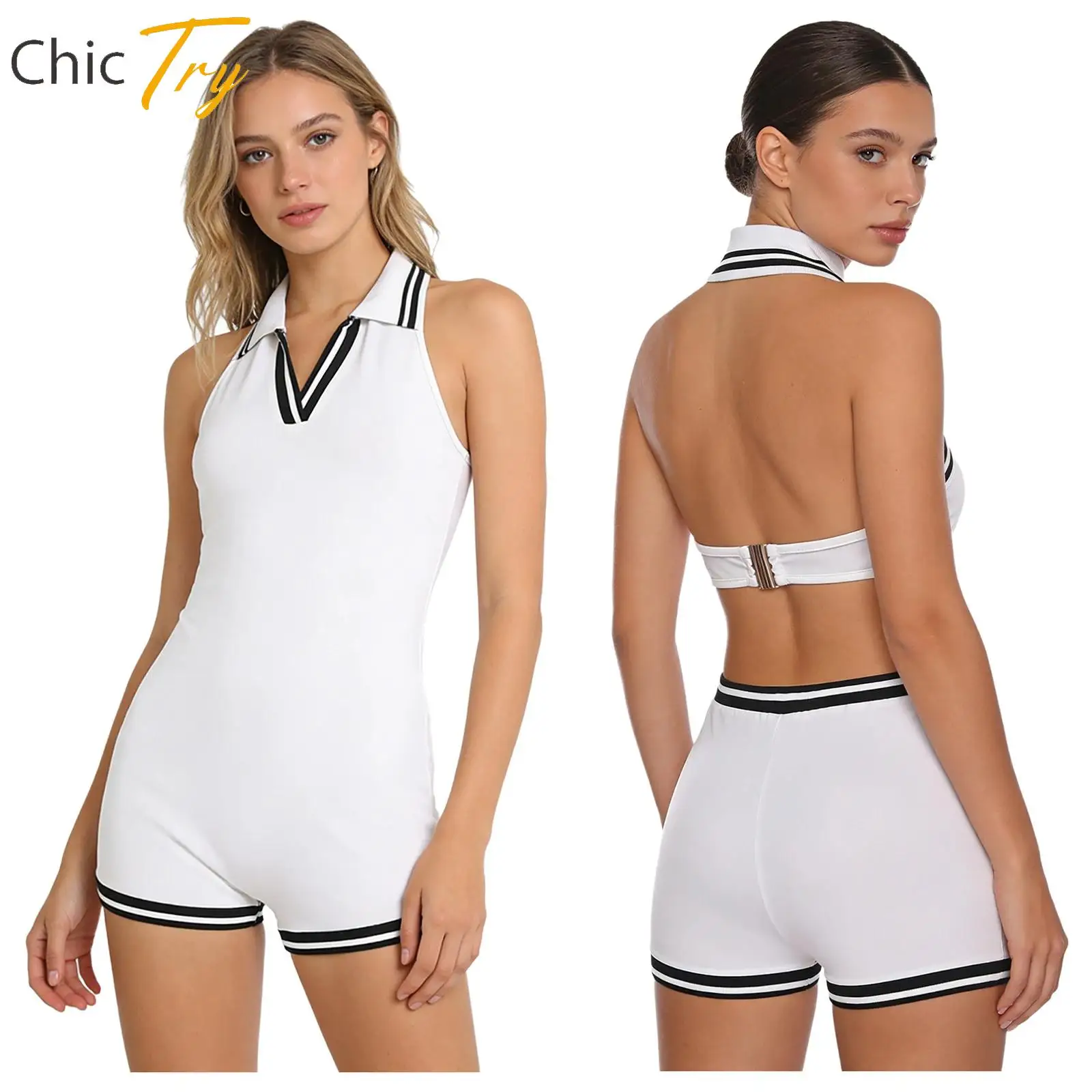 

One Piece Sports Bodysuit Womens Halter Backless Athletic Jumpsuit Turn-Down Collar Sleeveless Yoga Gym Workout Fitness Bodysuit