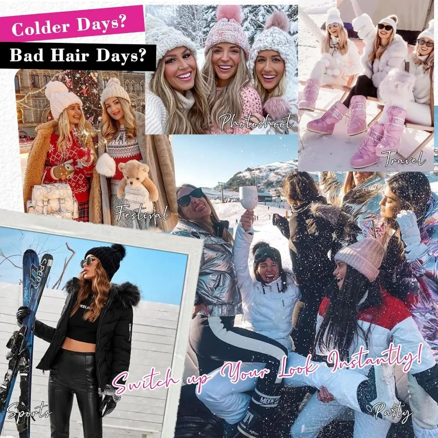 REECHO قبعة شعر مستعار مع 12 وصلات شعر متموجة للشاطئ قبعة محبوكة دافئة مع قطعة شعر صناعية للنساء قبعة بيج حواجب داكنة