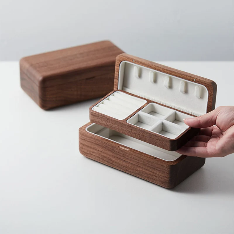 Jewelry Storage Box Double Layer Wooden Necklace Jewelry Earrings Organizer Wedding Gift Black Walnut Portable Wood Jewelry Box