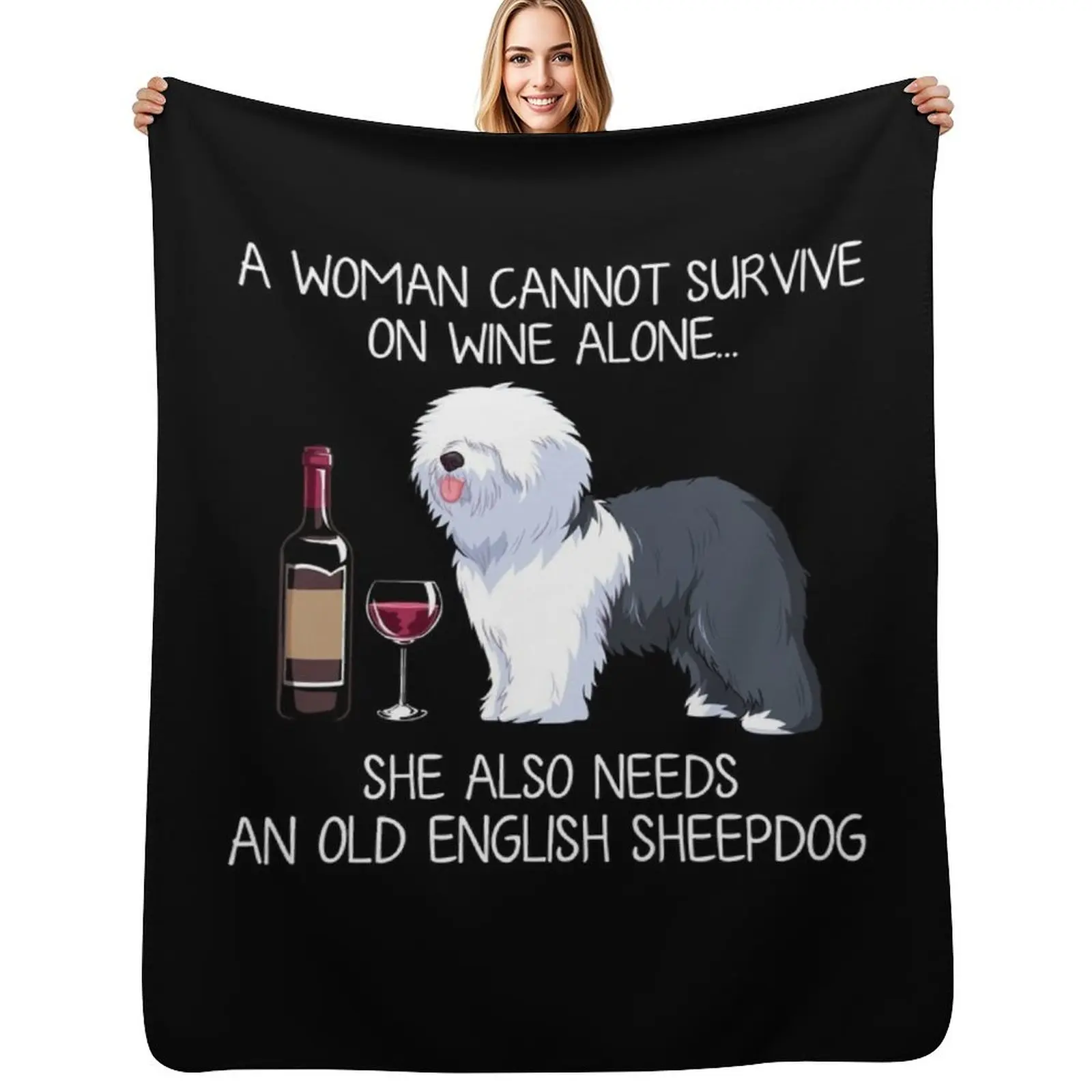 Old English Sheepdog and wine Funny dog Throw Blanket Personalized Gift christmas gifts Thermal Quilt Summer Beddings Blankets