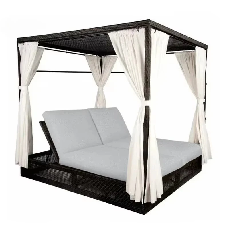 Outdoor Swimming Pool Lounger Chair With Shade Aluminum Teak Wood Rattan Wooden Garden Cabana Double Sun Lounger With Canopy