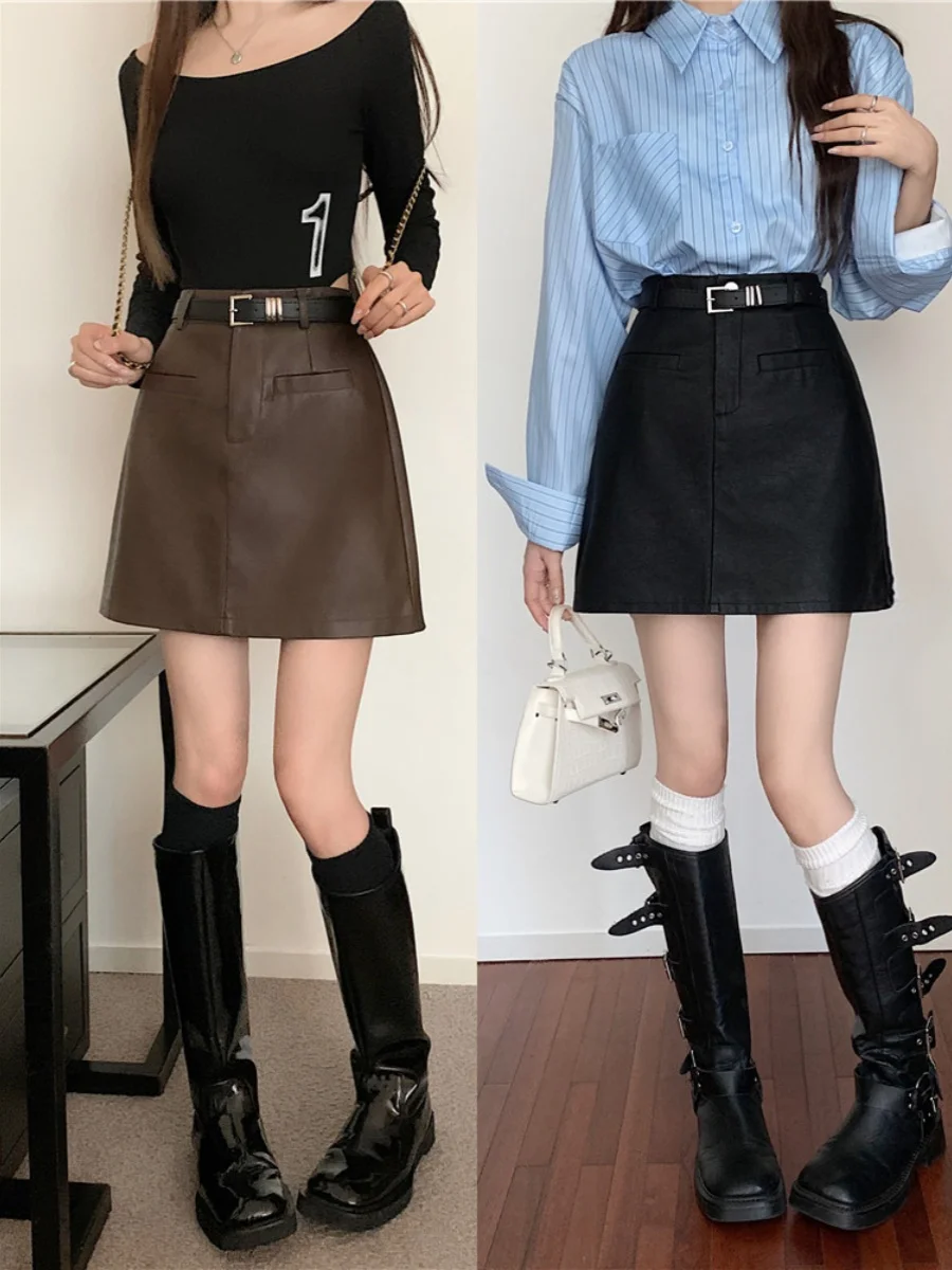 

High Waist PU Skirt Women's Autumn Winter New Sle A-Line Skirt Slimming ort Skirt Cover Belly Button A-Line Wrap Skirt