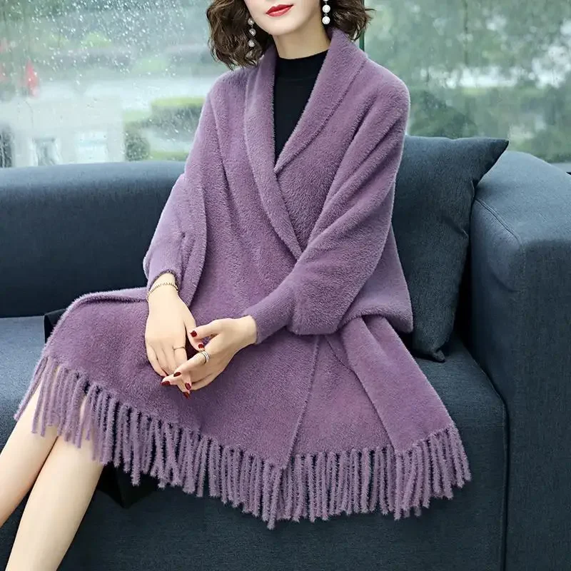 2024 Black Plus Size Outwear Winter Knitted Poncho Women Solid Design Cloak Female Long Batwing Sleeves Coat Vintage Shawl Q366