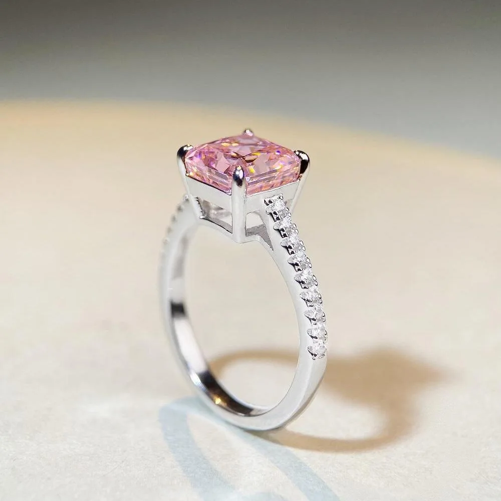 

925 sterling silver colored treasure cherry blossom pink diamond simple four-claw high carbon diamond ice flower cut ring female