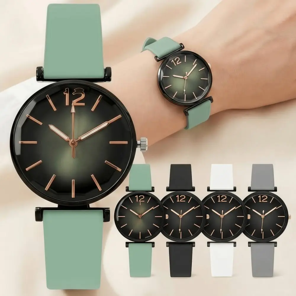 Fashion Elegant Women's Watch Gradient Green Silicone Strap Quartz Wristwatch Minimalist Black Case Casual Watches Lady Girl