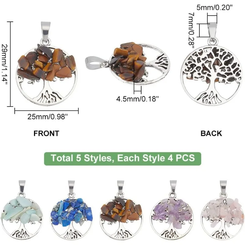 20 Pcs Tree of Life Pendant Charms 5 Styles Natural Mixed Chip Stone Pendants Flat Round with Life Tree Charm Pendants for Neckl