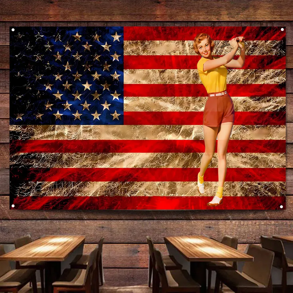 Funny Pin Up Girl Artwork Poster Wall Chart Hanging Banner Nostalgic Vintage American Flag  Bar Cafe Man Cave Home Wall Decor