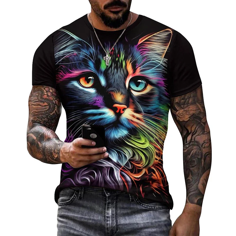 3D-Druck Bunte Lustige Katzen-Grafik T-Shirts für Männer Sommer Kurzarm Herren Tee Tops Mode Lässig Übergrößen Streetwear