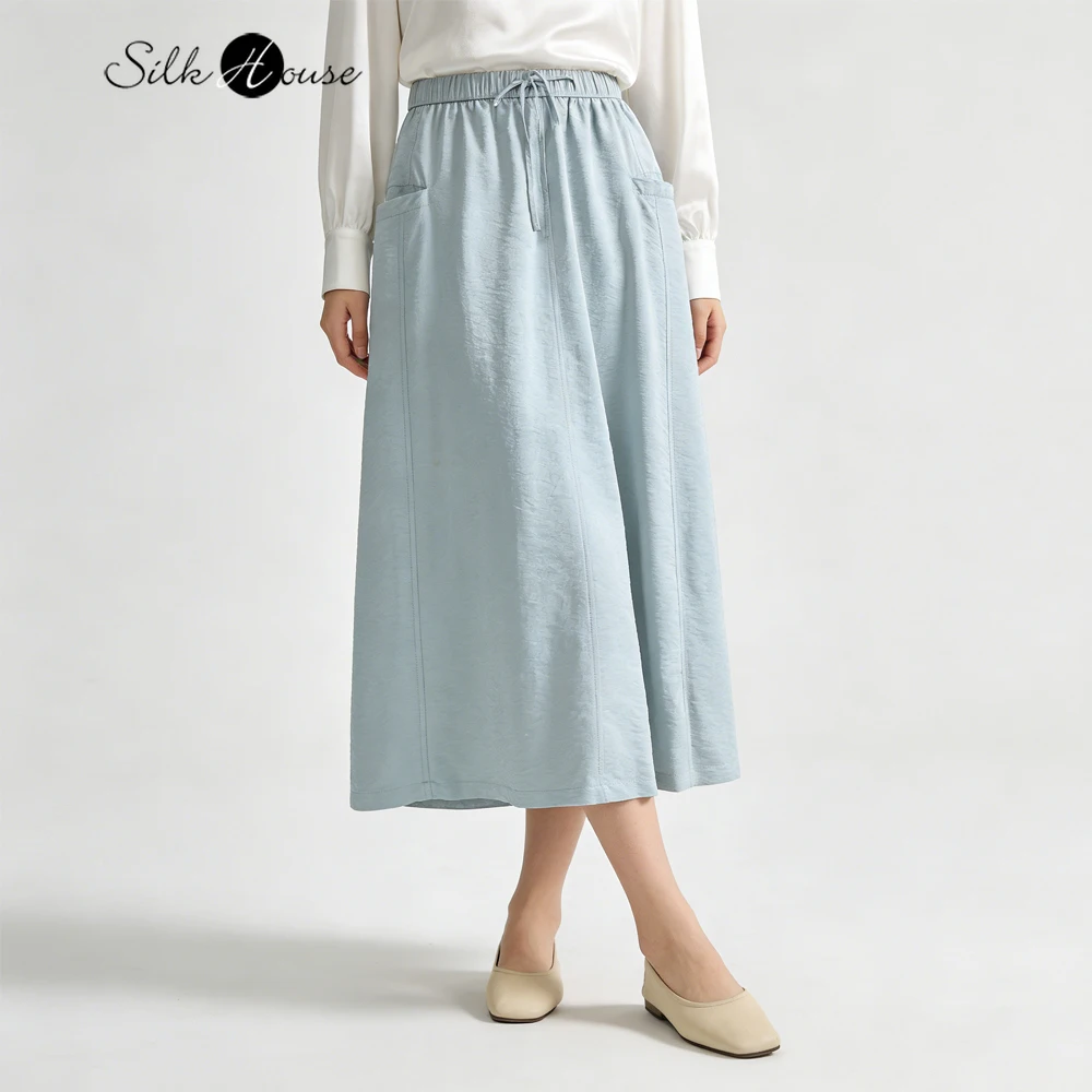 2026 Women's Spring New 76% Natural Mulberry Silk Dry Silk (Lining: Silk Cotton) Elastic Waist Pocket Design Straight Tube Skirt