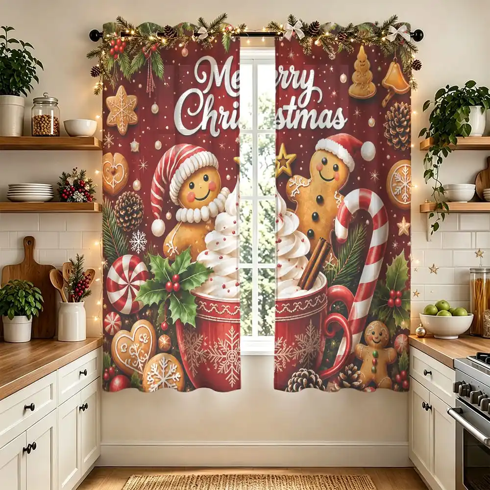 2pcs Christmas Gingerbread Man Merry Christmas Double Sided Curtains Perforated Light Blocking Window Drapes Living Room Bedr