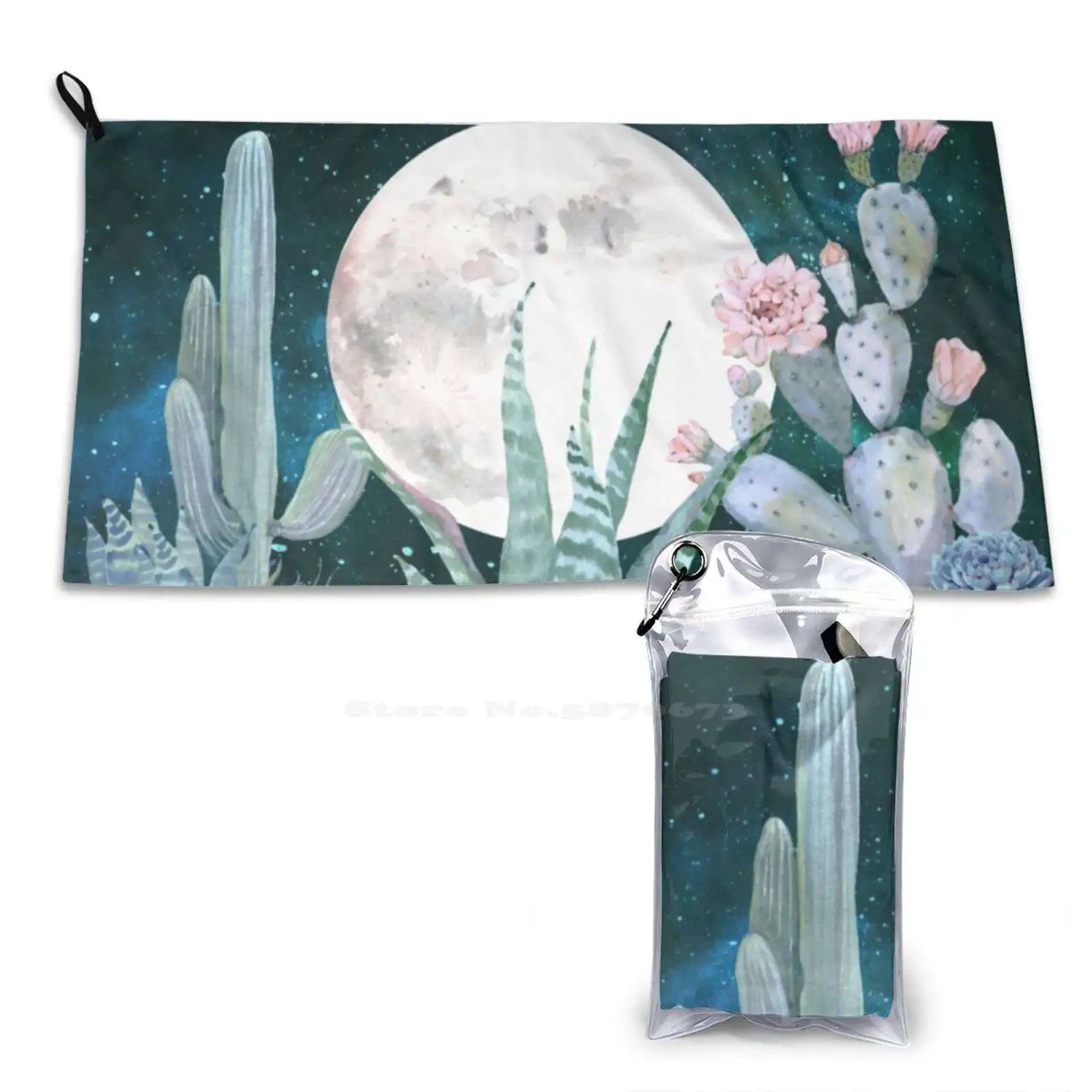 Cactus Nights Pretty Pink And Blue Desert Stars Cacti Illustration Soft Towel Quick Dry Beach Towel Desert Saguaro Succulents