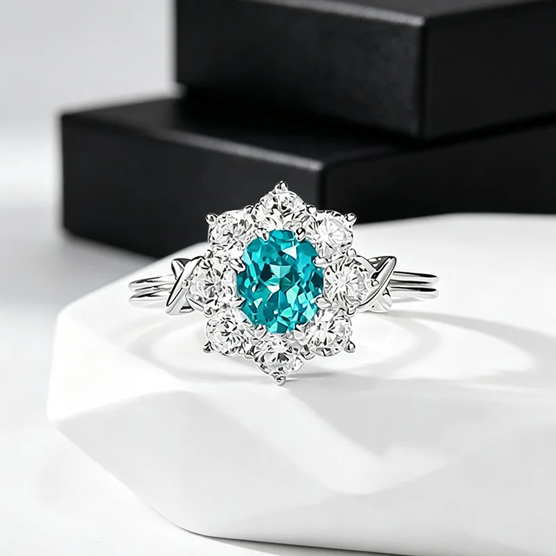 S925 Sterling Silver Ring 5*6mm Oval Lab‑Created Paraiba Gemstone Halo Surround Side Stones Twisted Shank Band Fine Jewelry
