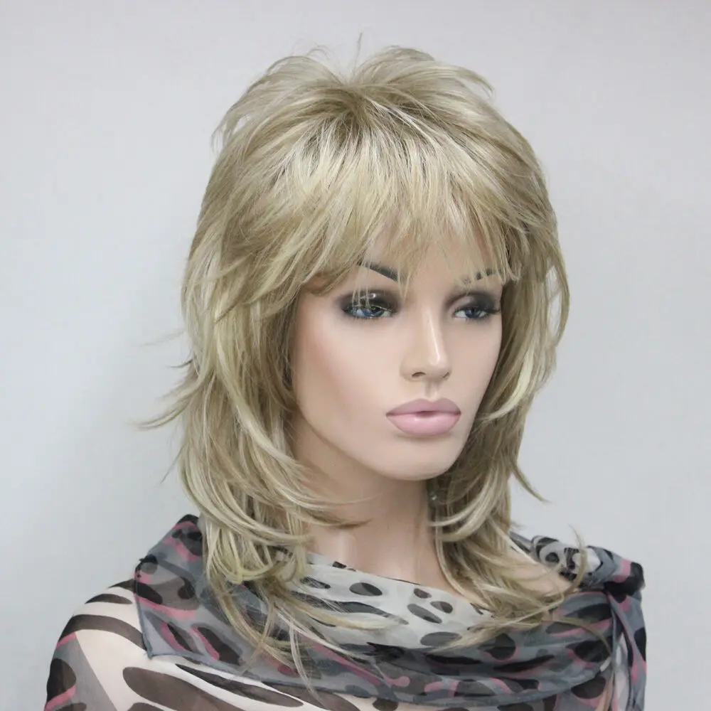 Honey ash blond mix menyoroti wig wanita sintetis panjang medium berlapis