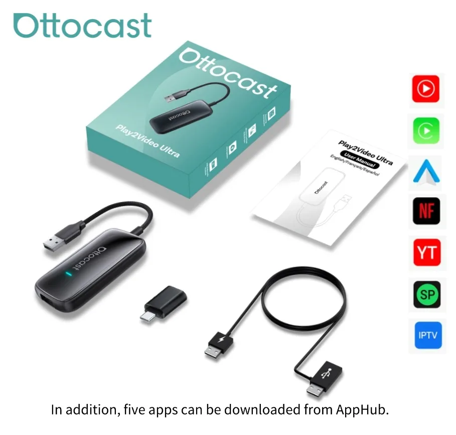 Ottocast Play2Video Ultra Draadloze CarPlay Auto MultimediaSmart Box Hi-res 1080P met Lokale Media Afspelen Draagbare WiFi6 Voor VW