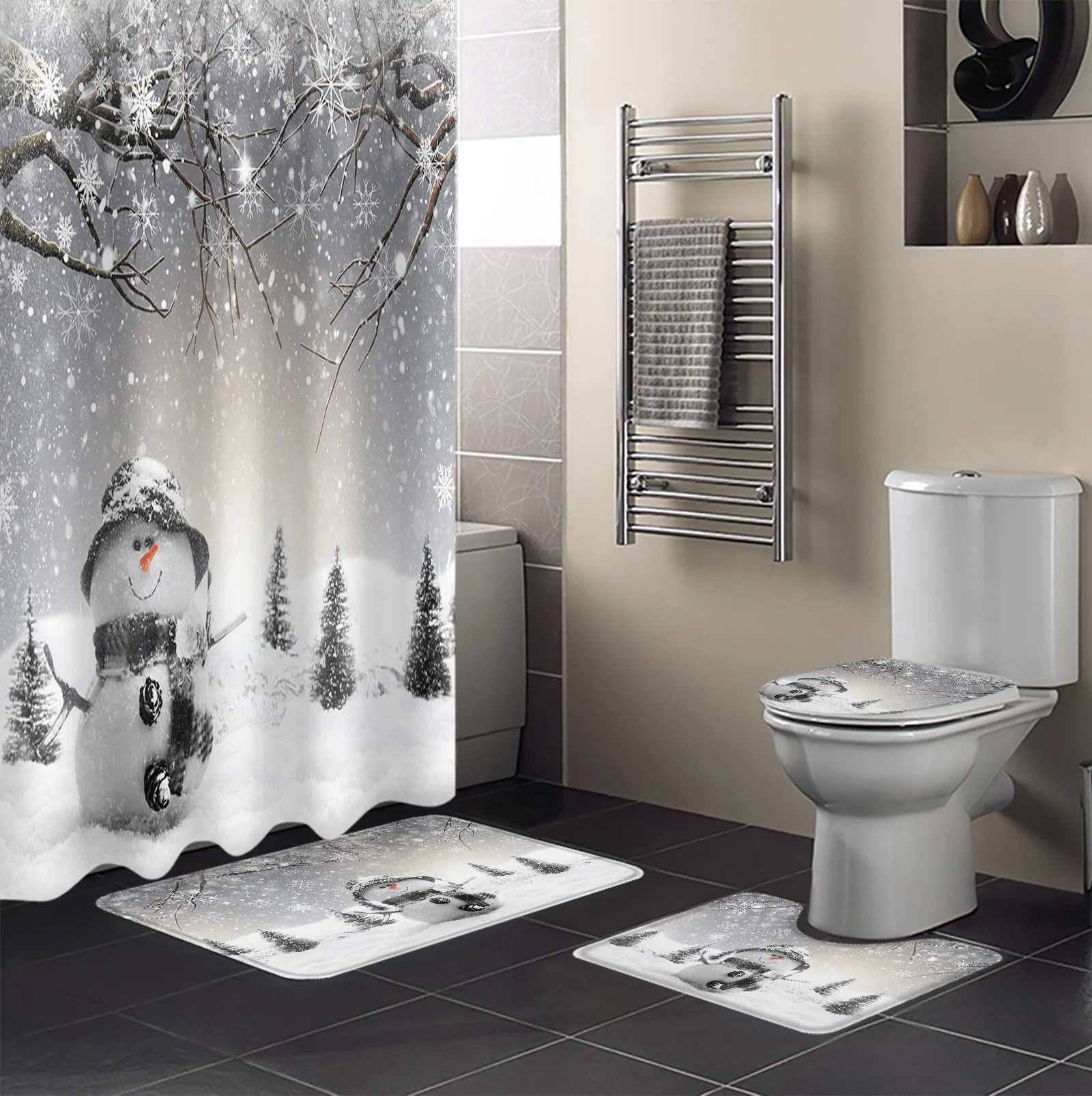 Christmas Winter Snowman Snowflakes Grey Shower Curtain Non-Slip Rugs Toilet Lid Cover and Bath Mat Bathroom Curtains with Hooks