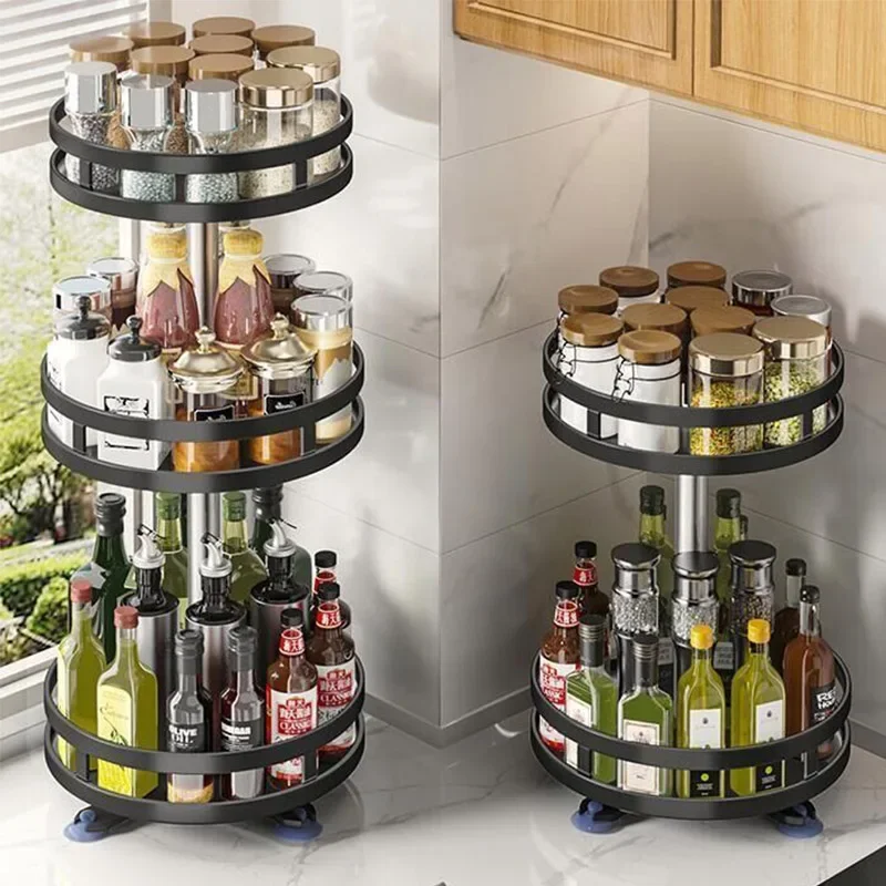 360 ° Rotate spice rack organized box jar can, kitchen accessories anti-skid carbon steel storage tray, seasoning