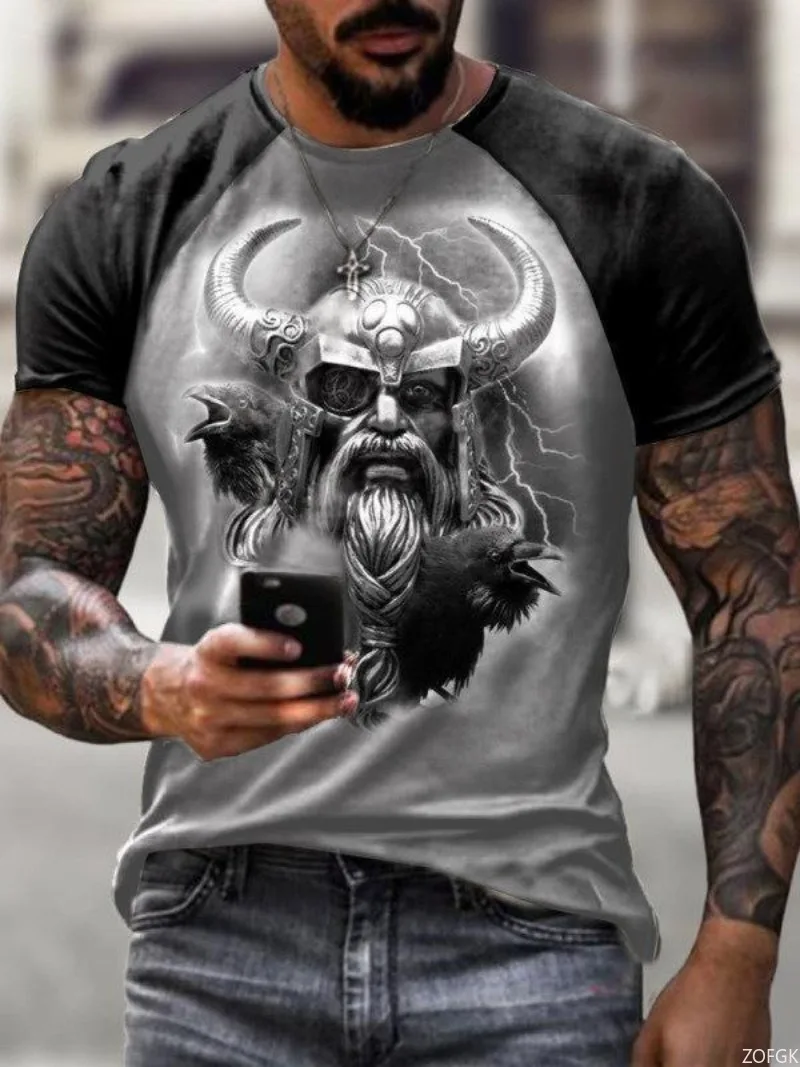 

European and American Summer 3D Retro Warrior Print Fashion Trend Personalized Round Neck Short Sleeved T-shirt