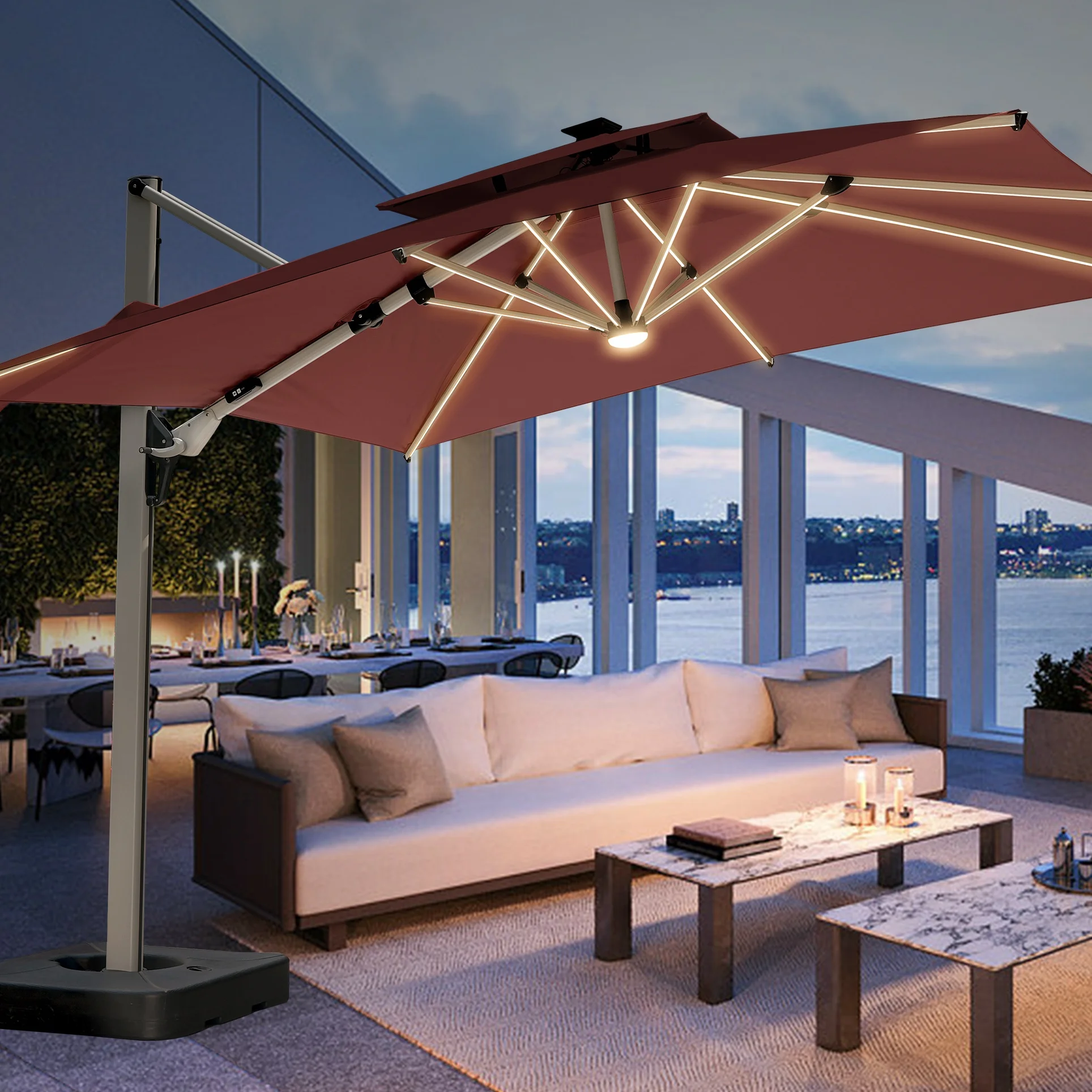 [280 Grams Canopy Polyester]Square 3x4m Sun Umbrella Modern Heavy-Duty AL Stand Pole 360°Rotated Garden Patio Outdoor Parasol