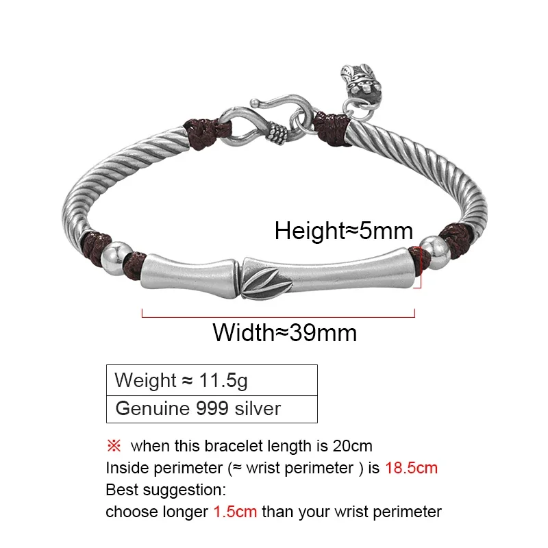 ZABRA S999 Sterling Silver Bamboo Bracelet for Men and Women Couples Blockbuster Braided Rope High Hand-woven