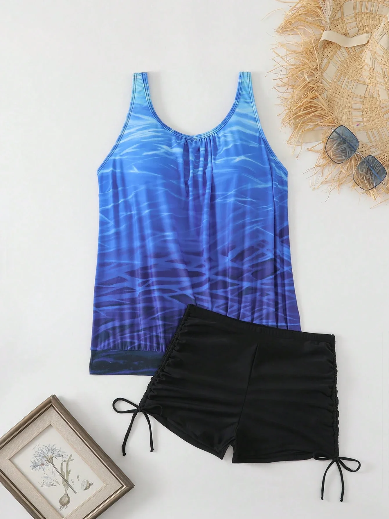 Women's Blue Gradient Tankini Swimwear Set Beach Vacation Style Slimming Concealing