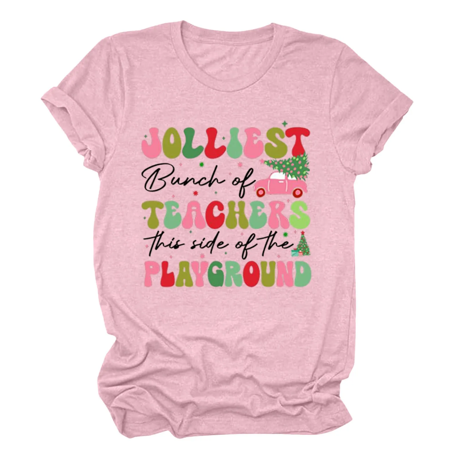 Jolliest Bunch Of Teachers This Side Of The Playground T-shirt Women Christmas Tee Shirts Casual Round Neck Short Sleeve Tops