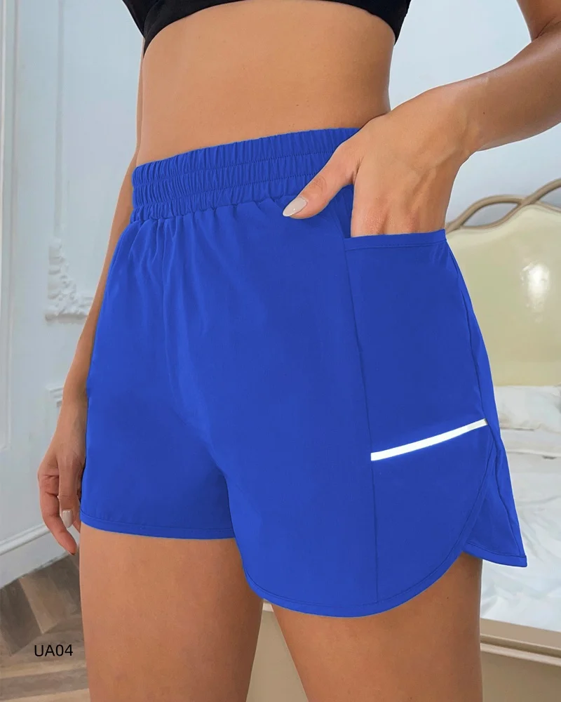 Women's Elastic Sports Shorts with Pocket Shorts Yoga Leggings Running and Training with Reflective Strip