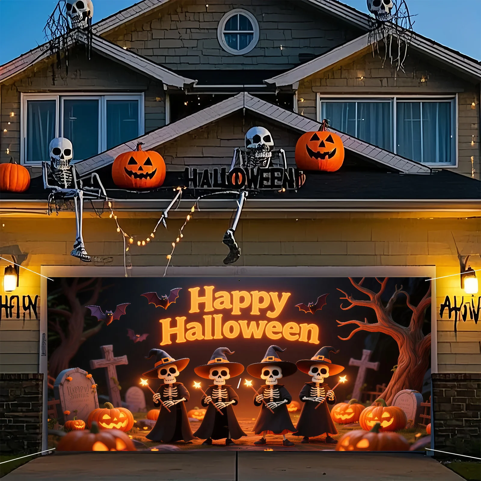 2D-Flachbanner, 1 Stück, Halloween-Garage-Dekoration – Zaubererhut, Totenkopf und Kürbislaterne, Friedhof, Kreuz-Cartoon-Stil