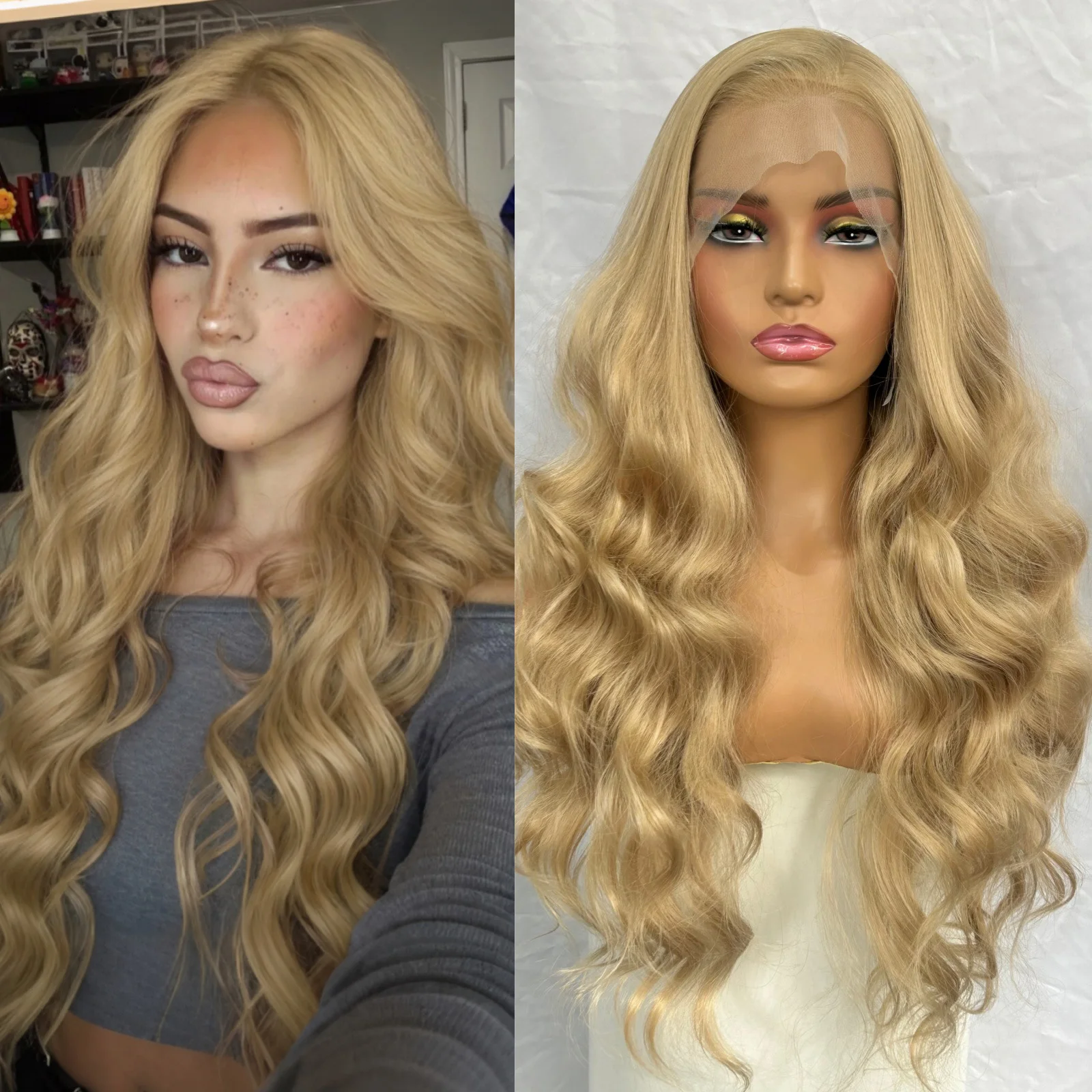 

Long Blonde Body Wave 13x4 Lace Front Wigs for Women Free Part Honey Ash Blonde Curly Wavy Synthetic Hair Daily Party Cosplay