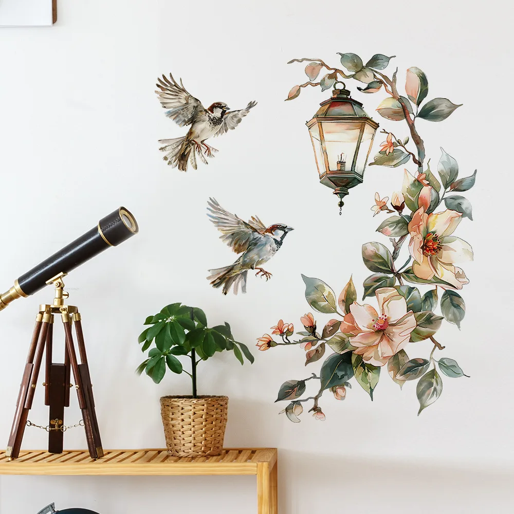 Colorful Flower Pendant Lamp Bird Wall Sticker For Bedroom Living Room Entrance Home Background Decoration Self-adhesive 29*22CM