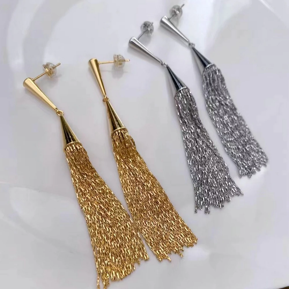 Trendy Gold Color Hourglass Shape with Long Tassel Earring Fashion Stud Earring Birthday Gift for Woman