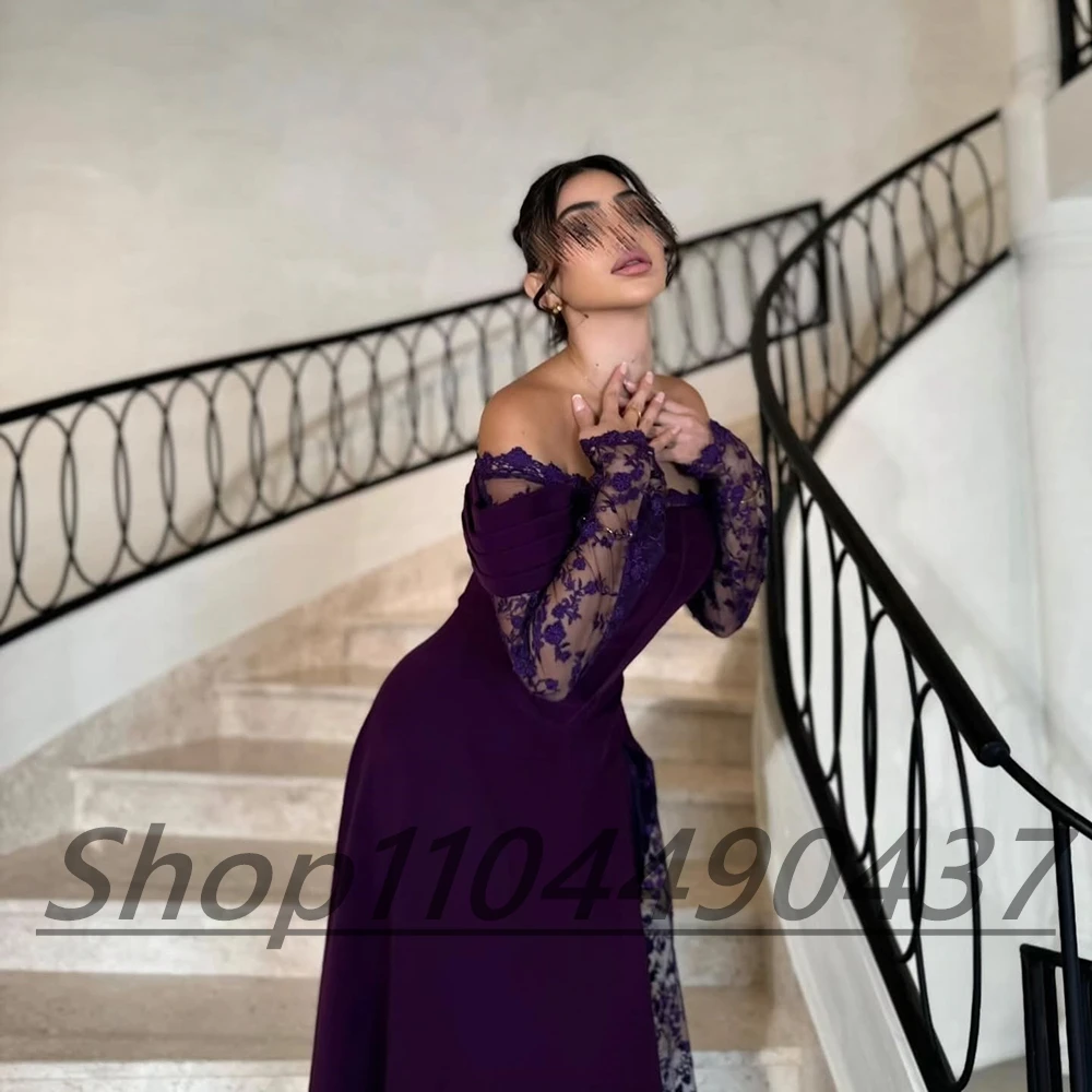 Customized Purple boat Neck A-line Jersey Evening Dress Full ILLUSION Lace Sleeves Backless Floor Length Party Prom Gown