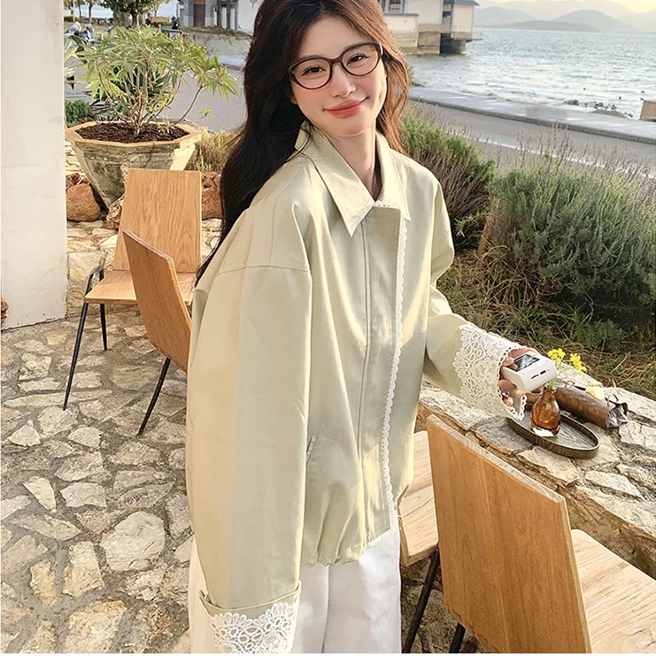 

Autumn Jackets Women University Campus Prints Matte Middle Shiny Cowboy Dating Lacing Matching School Cyber Split Streetcoat