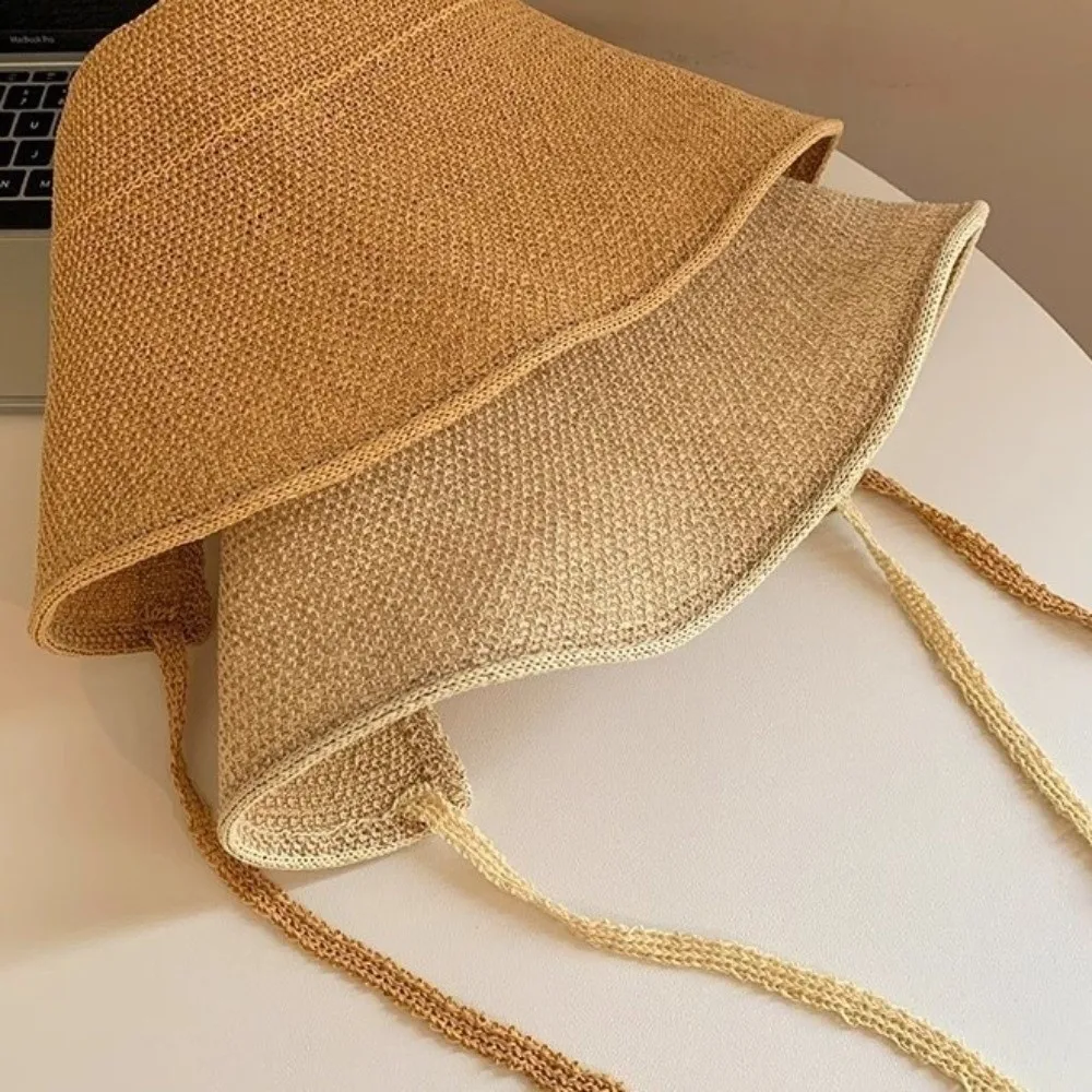 Geometric Pattern Wide Brim Sun Hat, Linen Straw Cloche Bonnet Lace Up Bow Adjustable Strap