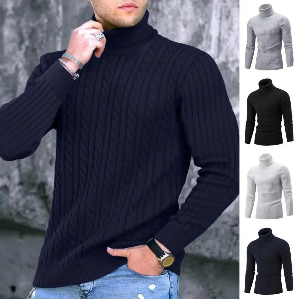 Camisola masculina monocromática de gola alta, blusa de manga comprida, roupa essencial para o frio, inverno e outono